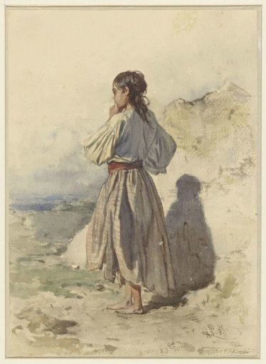 Hungarian woman, standing three-quarter to the left, seen from the back