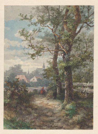 Landscape with two trees, a city in the distance