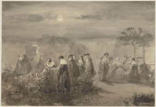 Company of ladies and gentlemen in a moonlit courtyard with rose bushes