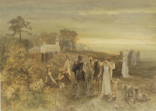 Monks making their way to a church, watched by a group of Germans