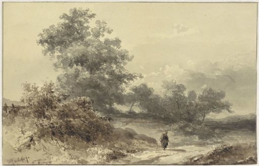 Landscape with woodland and a figure on a country road