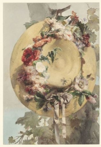 Straw Hat with Roses, Carnations, and Cornflowers