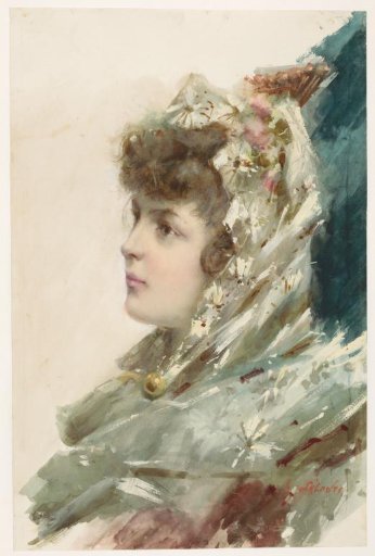 Bust of a young woman, in profile to the left