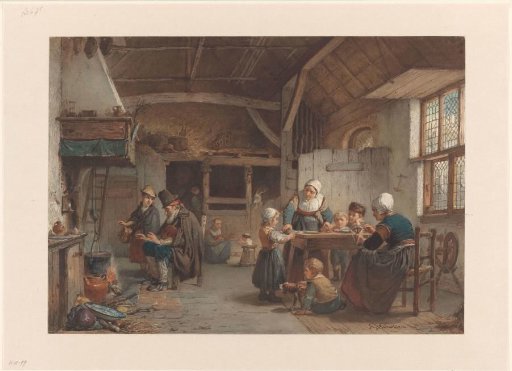 Peasant interior, family in the kitchen