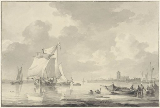 River view with several ships, a city in the distance