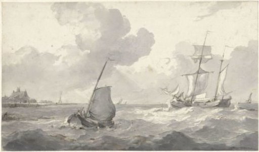 Two-masted ship and fishing boat off the coast