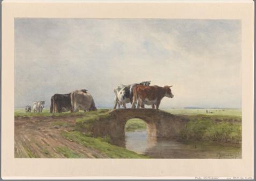 Cows on a small stone bridge