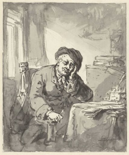 Man seated at a table, head resting on the left arm