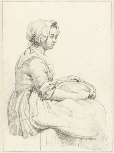 Seated woman with a dish on her lap, to the right
