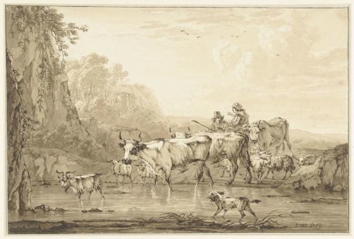 Shepherd and shepherdess with cattle and sheep near a pool