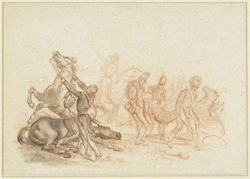 War scene in Spain: a wounded horse is finished off with a pistol shot
