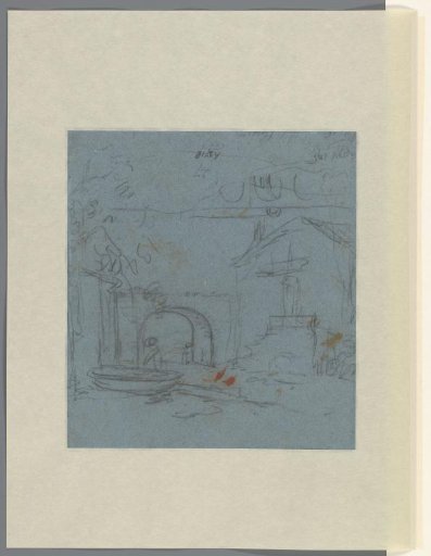 Study sheet with sketches of a street or courtyard and of a bridge with arches