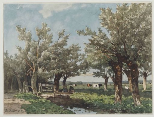 Landscape with a ditch where two boys are fishing