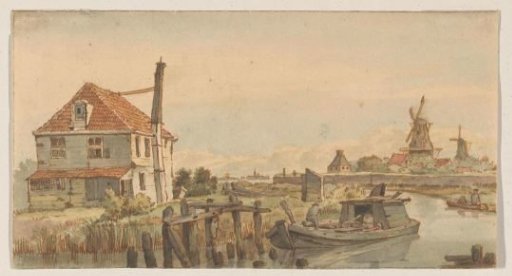 Canal with a Boat, a House, and Two Windmills