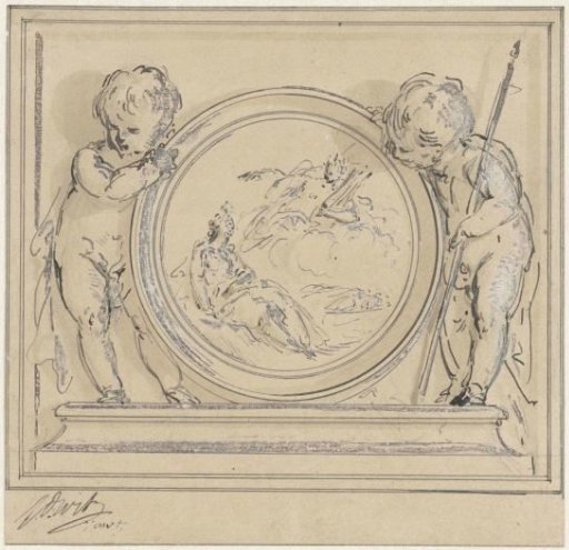 Two putti with a medallion, depicting the appearance of Apollo to the muse