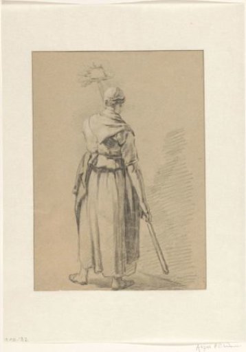 Standing woman seen from the back, holding a ragebol