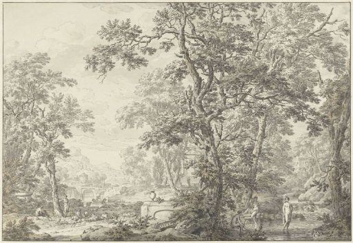 Arcadian landscape with shepherd and bathing women