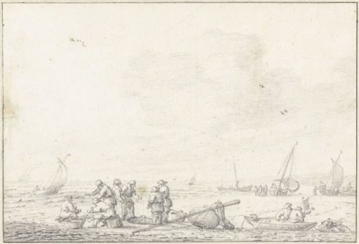 Strandgezicht met op de voorgrond een groep vissers