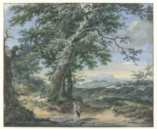 Hilly Landscape with Sturdy Trees and Human Staffage