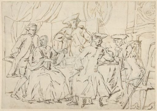 Four gentlemen and a lady around a table in a room, occupied with papers