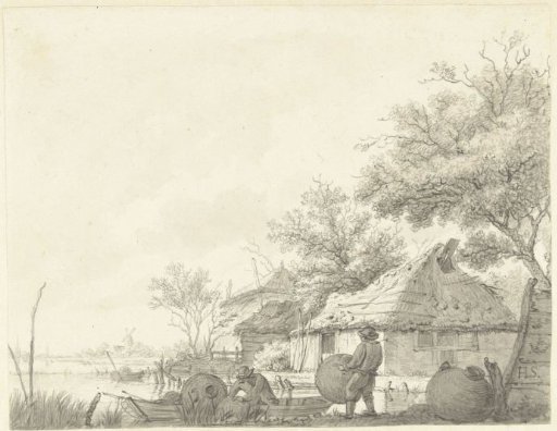 Two fishermen with baskets by a canal