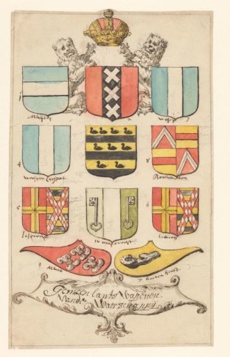 Design for a stained glass window with coats of arms of the company