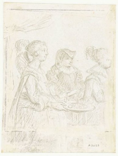 Two court ladies and a noblewoman in mourning dress (Amalia van Solms?)