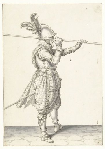 Soldier lifting his spear horizontally above his right shoulder with both hands
