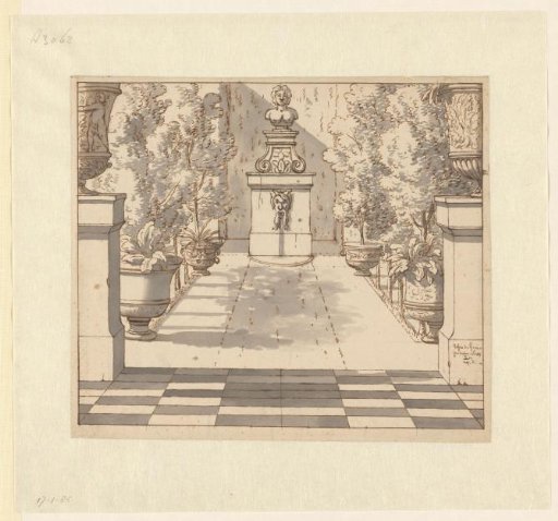 View of a Fountain in an Italianate Garden / verso: Alternative Sketch of the Upper Section of the Fountain