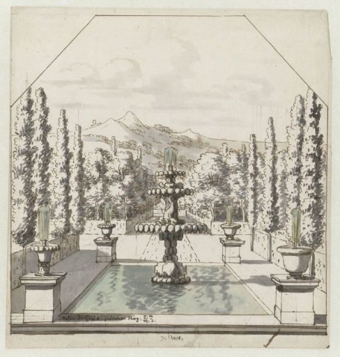 Imaginary Italianate Landscape with a Formal Garden Pond and Fountain