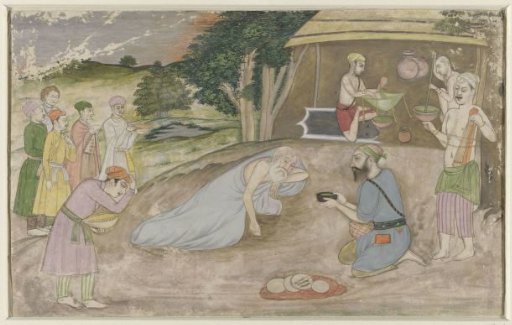 Old Indo-Muslim saint in his hermitage, surrounded by people with gifts