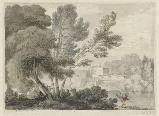 River landscape with a man with a scoop net in the foreground