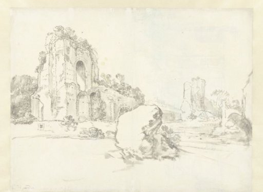 View of the Baths of Caracalla, Rome, with a Large Boulder in the Foreground / verso: View of Classical Ruins