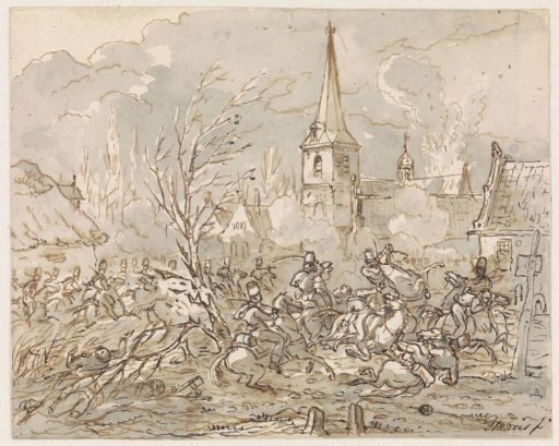 Cavalry fight during the capture of a village