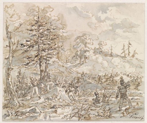 Battle between cavalry and foot soldiers in a hilly landscape