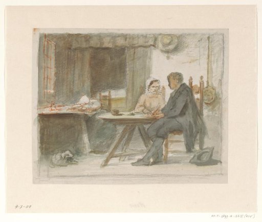 Writing man and a woman at a table