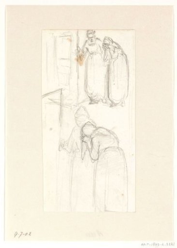 Two Sketches of a Young Woman and a Crying Old Woman at a Door