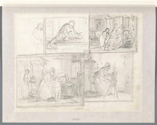 Studies of a seated woman with a child, a spinning woman, and a man