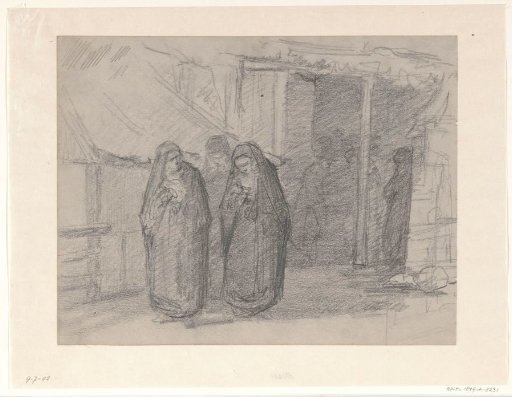 Three Women in Deep Mourning Leave a Farmhouse