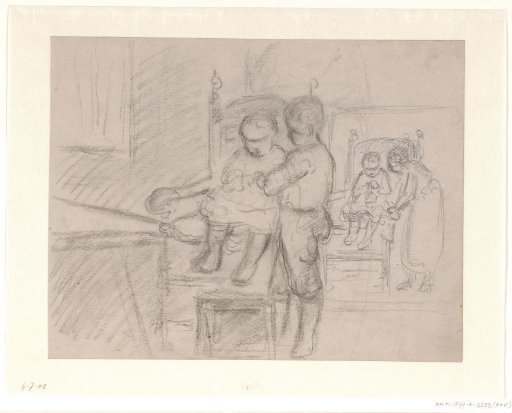 Boy and Girl at Armchairs with Small Children