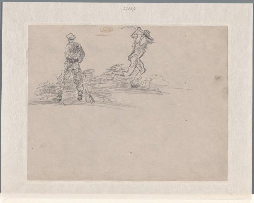 Hunter with rifle and naked man in an attacking posture