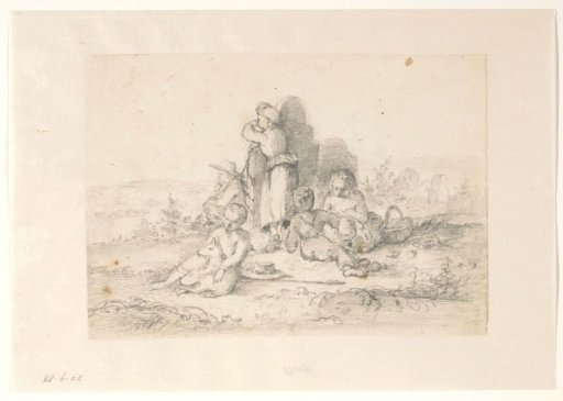 Five children by a large standing gravestone