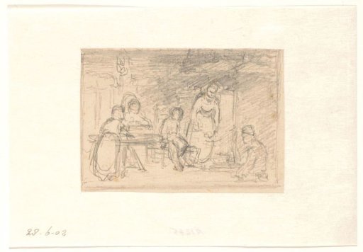 Interior with five persons at table and by the fireplace