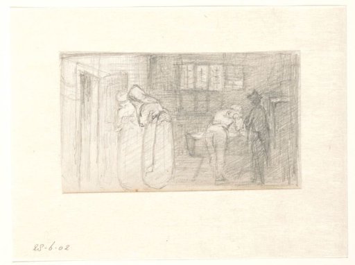 Interior with mourners by a coffin