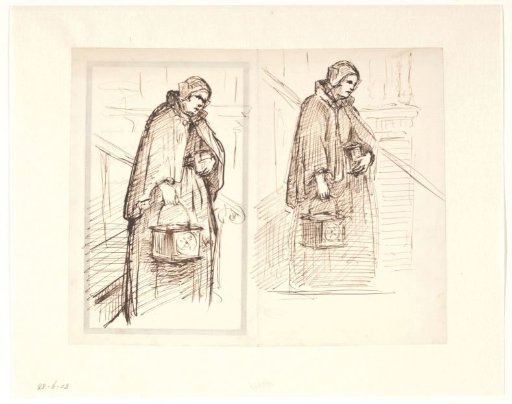Two sketches of a woman with a prayer book and stove on a staircase