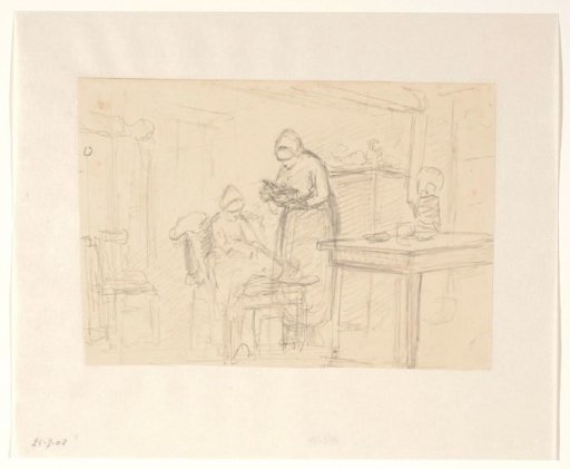Interior with sick girl and mother