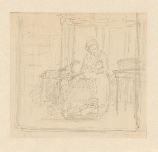 Kitchen interior with woman with child