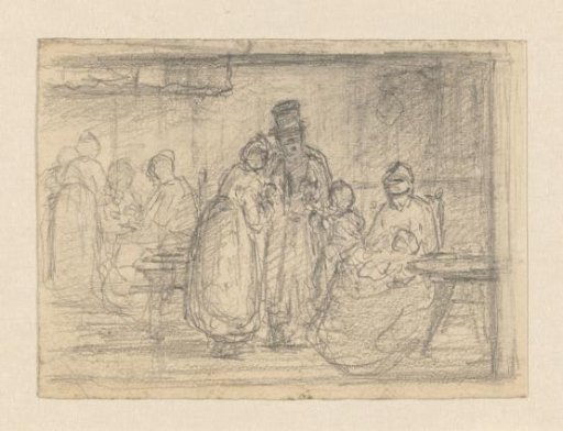 Interior with women, children and man with a tall hat