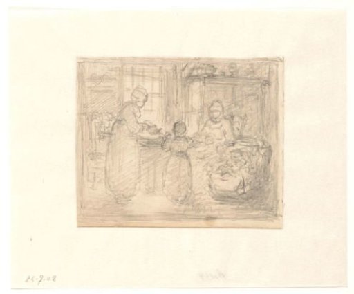 Interior with women and a cradle