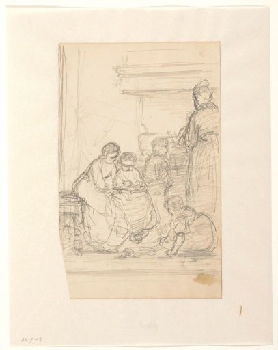 Interior with women and playing children